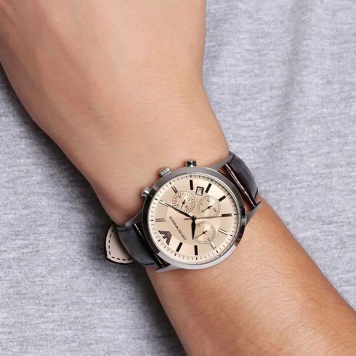 Emporio Armani Classic Chronograph Beige Dial Brown Leather Men's Watch | AR2433 - VERSE - 