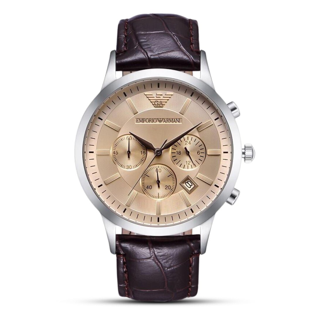Emporio Armani Classic Chronograph Beige Dial Brown Leather Men's Watch | AR2433 - VERSE - 