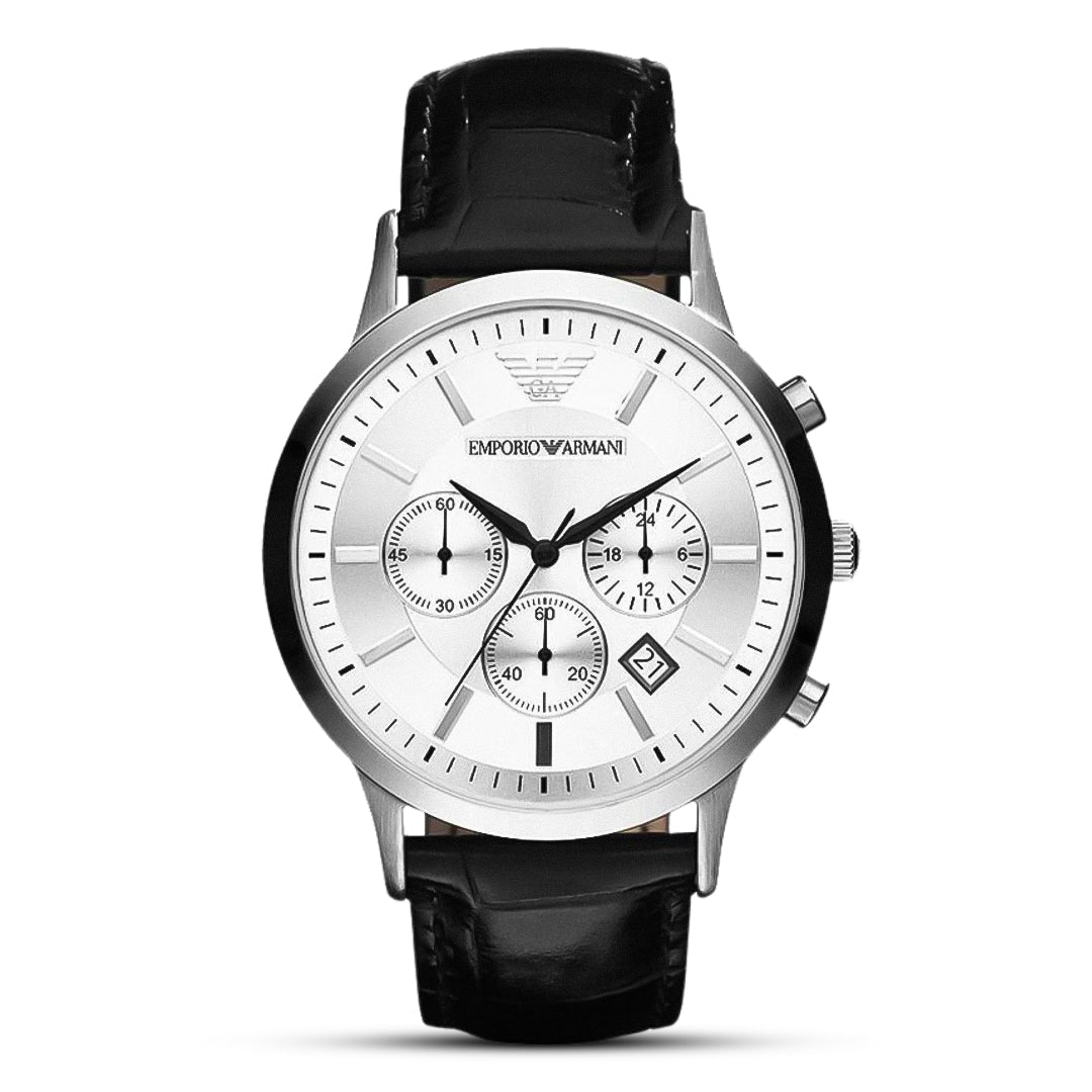 Emporio Armani Classic Chronograph Silver Dial Black Leather Men's Watch | AR2432 - VERSE - 