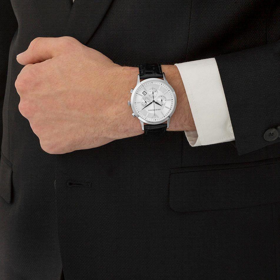 Emporio Armani Classic Chronograph Silver Dial Black Leather Men's Watch | AR2432 - VERSE - 
