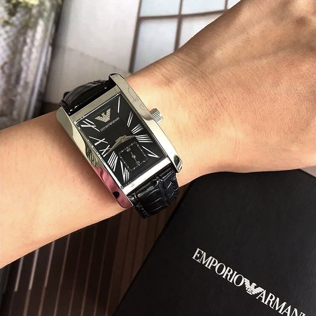 Emporio Armani Classic Rectangular Black Dial Black Leather Men's Watch | AR0143 - VERSE - 