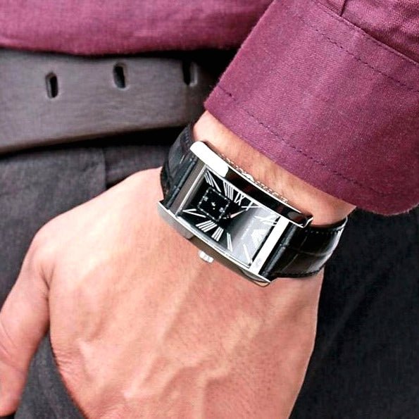Emporio Armani Classic Rectangular Black Dial Black Leather Men's Watch | AR0143 - VERSE - 