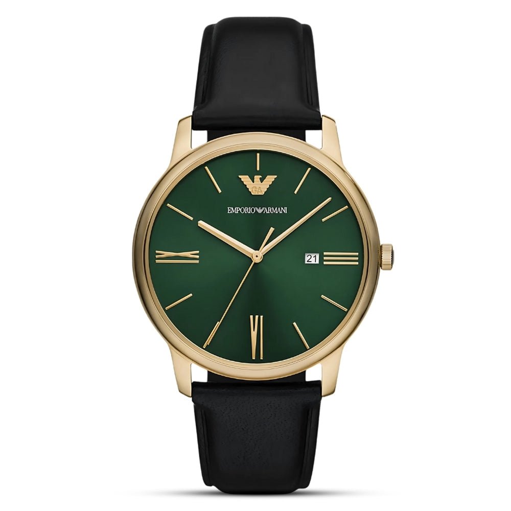 Emporio Armani Minimalist Green Dial Gold Tone Black Leather Men's Watch | AR11601 - VERSE - 