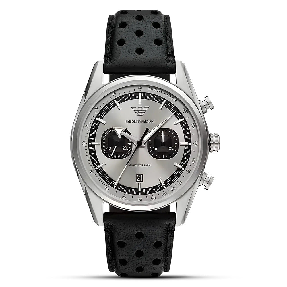 Emporio Armani Racer Chronograph Silver Dial Black Leather Men's Watch | AR11677 - VERSE - 
