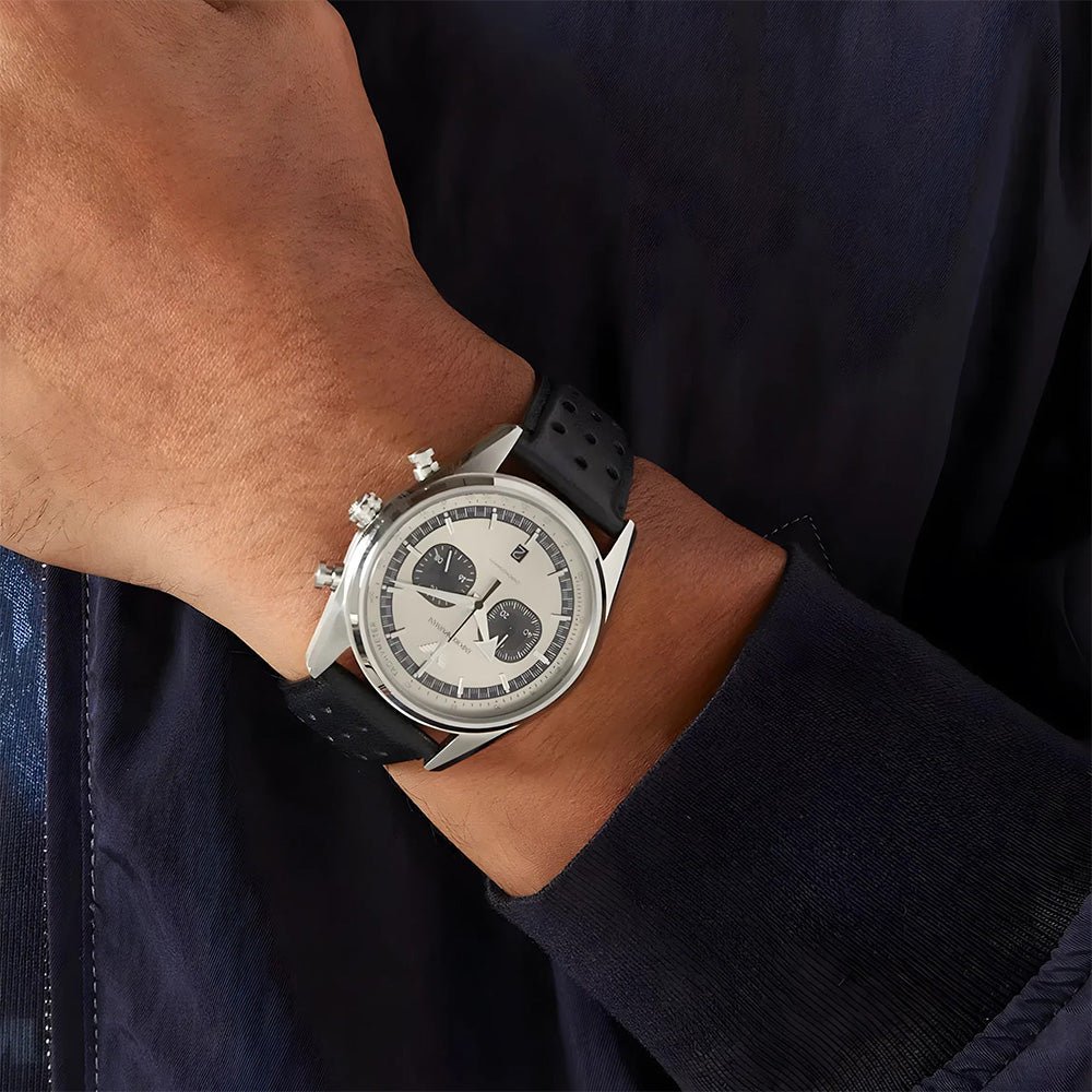 Emporio Armani Racer Chronograph Silver Dial Black Leather Men's Watch | AR11677 - VERSE - 