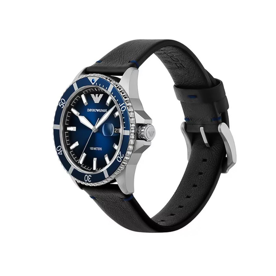 Emporio Armani Sea Explorer Diver Blue Dial Black Leather Men's Watch | AR11516 - VERSE - 