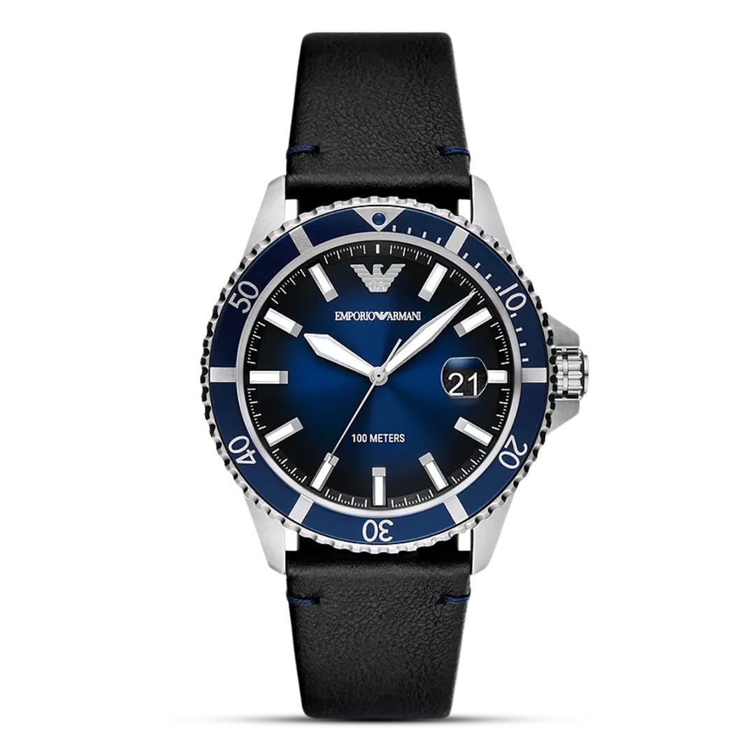 Emporio Armani Sea Explorer Diver Blue Dial Black Leather Men's Watch | AR11516 - VERSE - 