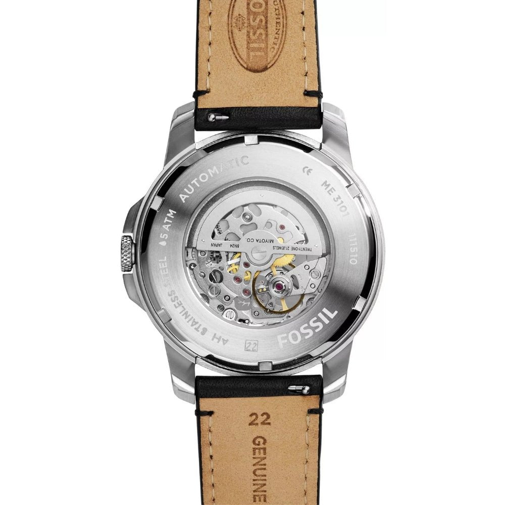 Fossil Grant Automatic Silver Skeleton Dial Black Leather Men's Watch | Fossil ME3101 - VERSE - 