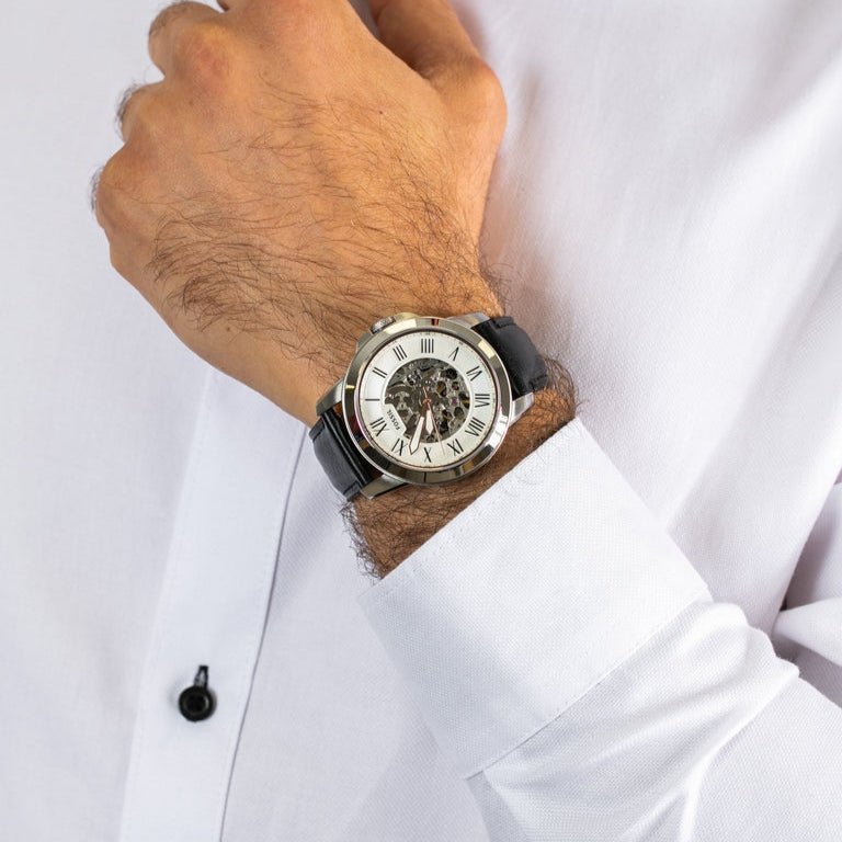 Fossil Grant Automatic Silver Skeleton Dial Black Leather Men's Watch | Fossil ME3101 - VERSE - 