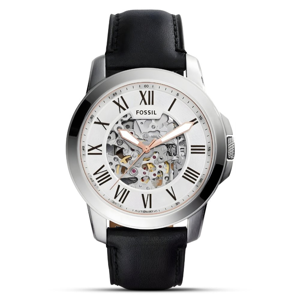 Fossil Grant Automatic Silver Skeleton Dial Black Leather Men's Watch | Fossil ME3101 - VERSE - 