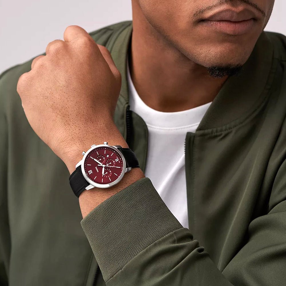 Fossil Neutra Chronograph Burgundy Dial Black Leather Men's Watch | Fossil FS6016 - VERSE - 