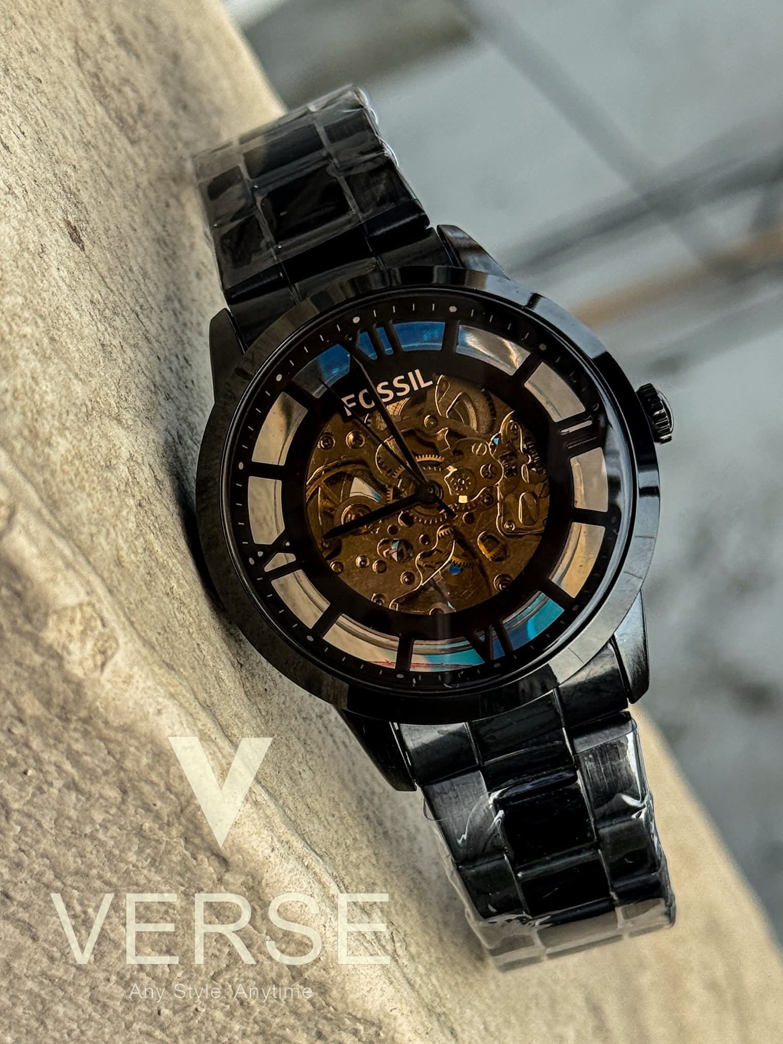 Fossil Automatic Skeleton Black Chain Brown Glass AA