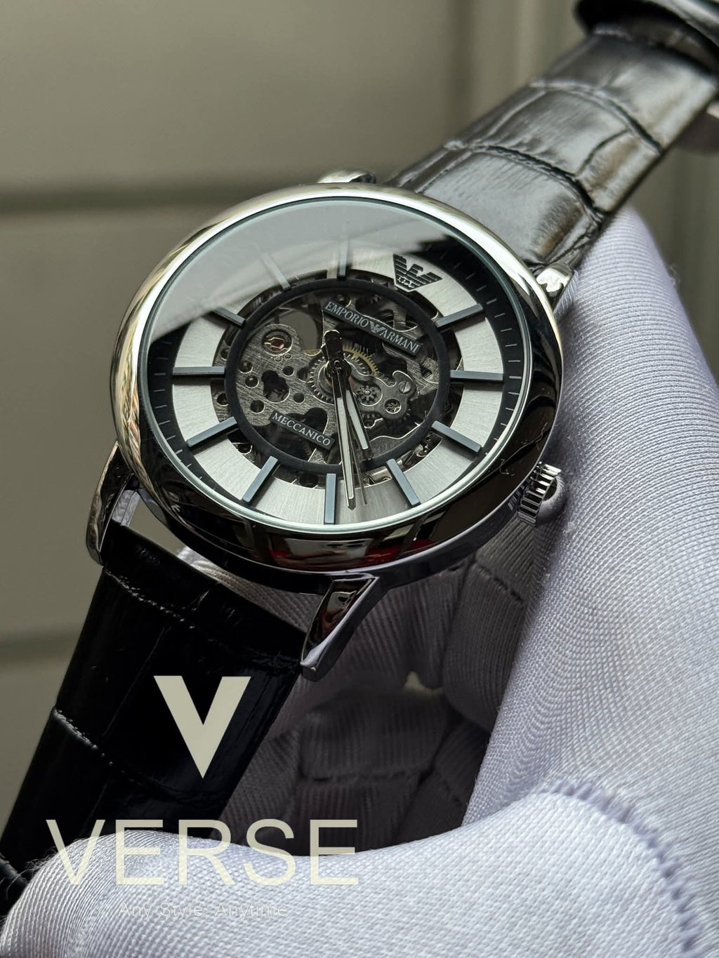 Armani Automatic Oval Black Belt Silver Case Black-Silver Dial AA