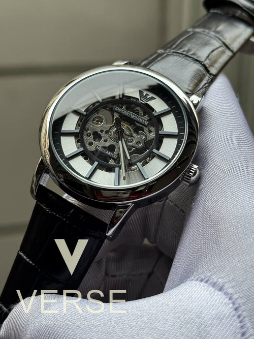 Armani Automatic Oval Black Belt Silver Case Black-Silver Dial AA