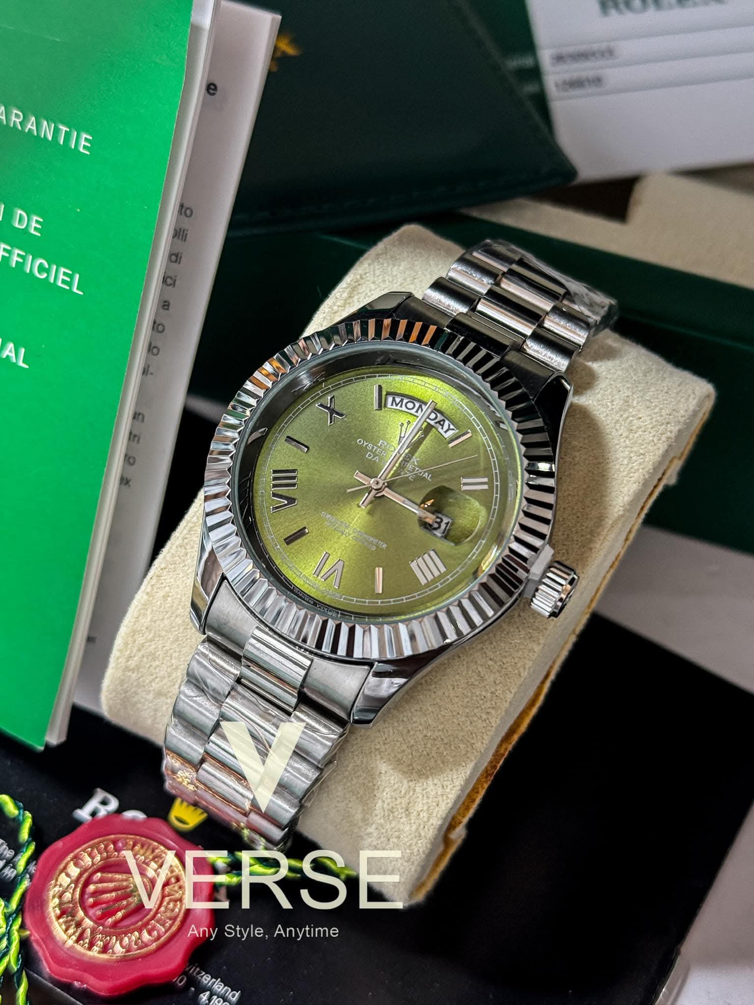 Rolex Day-Date Silver Chain Olive Green Dial AA