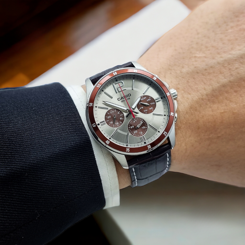 Casio MTP-1374L-7A1VDF Men’s Silver Dial Watch with Brown Leather Strap| Casio MTP-1374L-7A1VDF