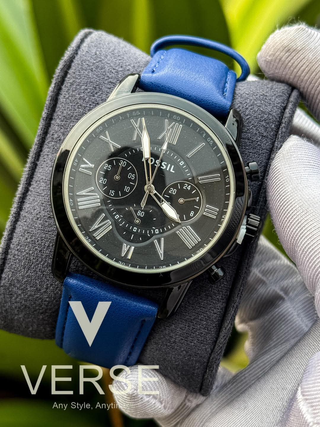 Fossil Grant Chronograph Blue Belt Black Dial AA