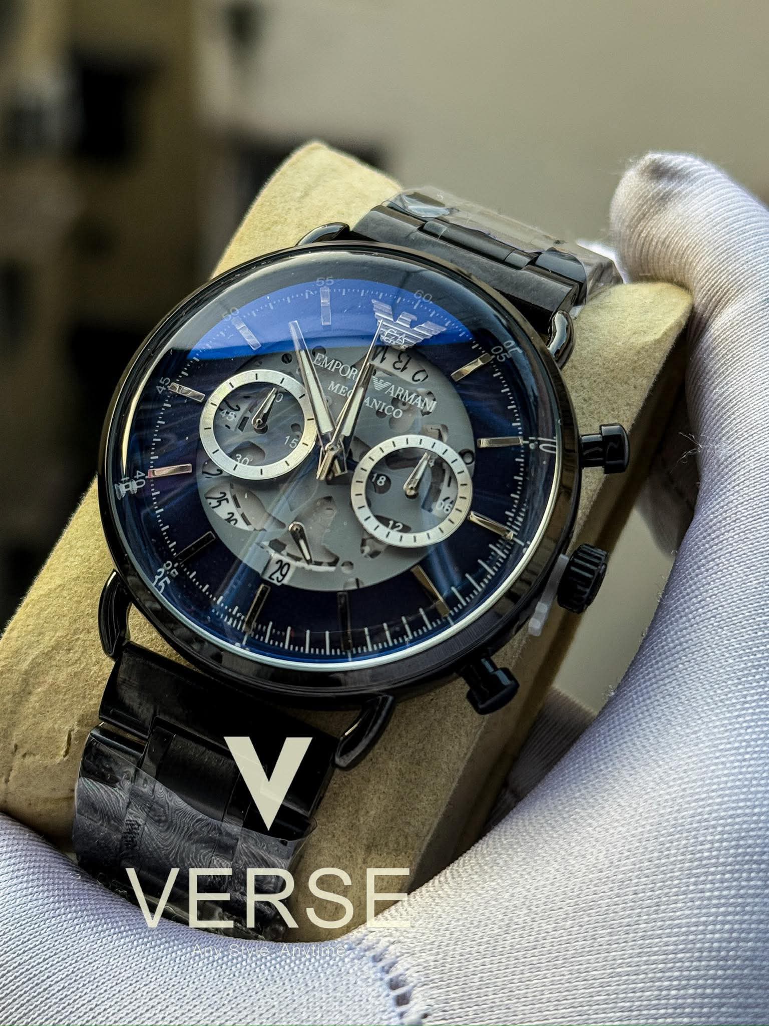 Armani Oval Meccanico Black Chain Blue Dial AA
