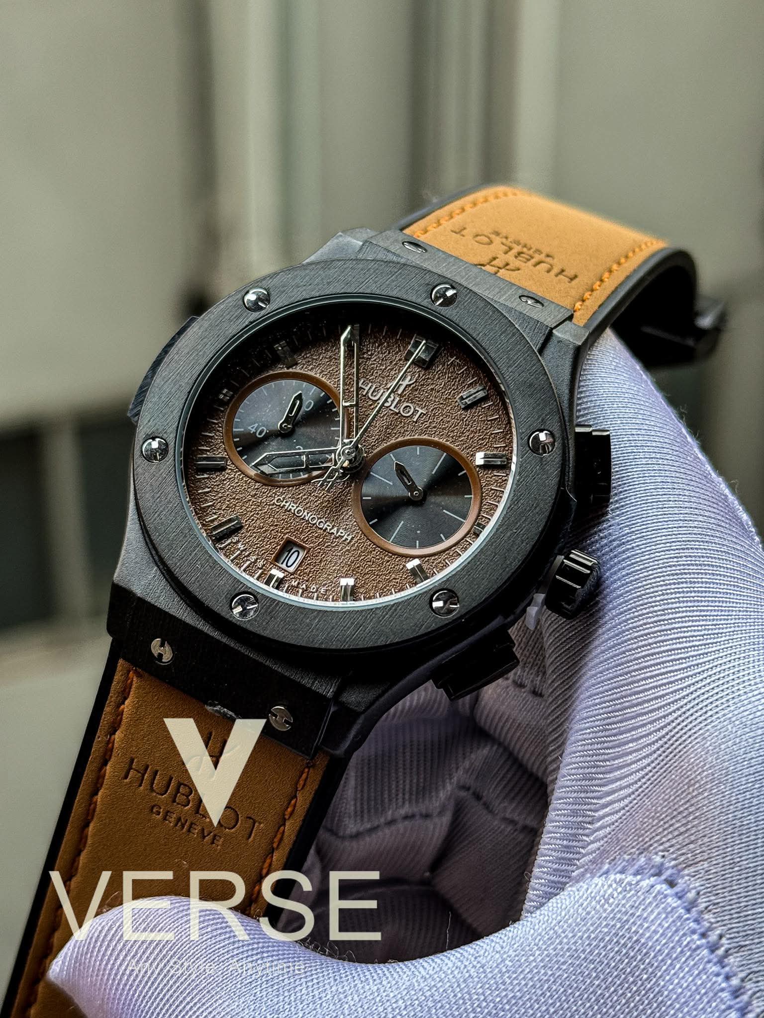 Hublot Classic Fusion Chronograph Tan/Caramel Brown Belt Black Case AA