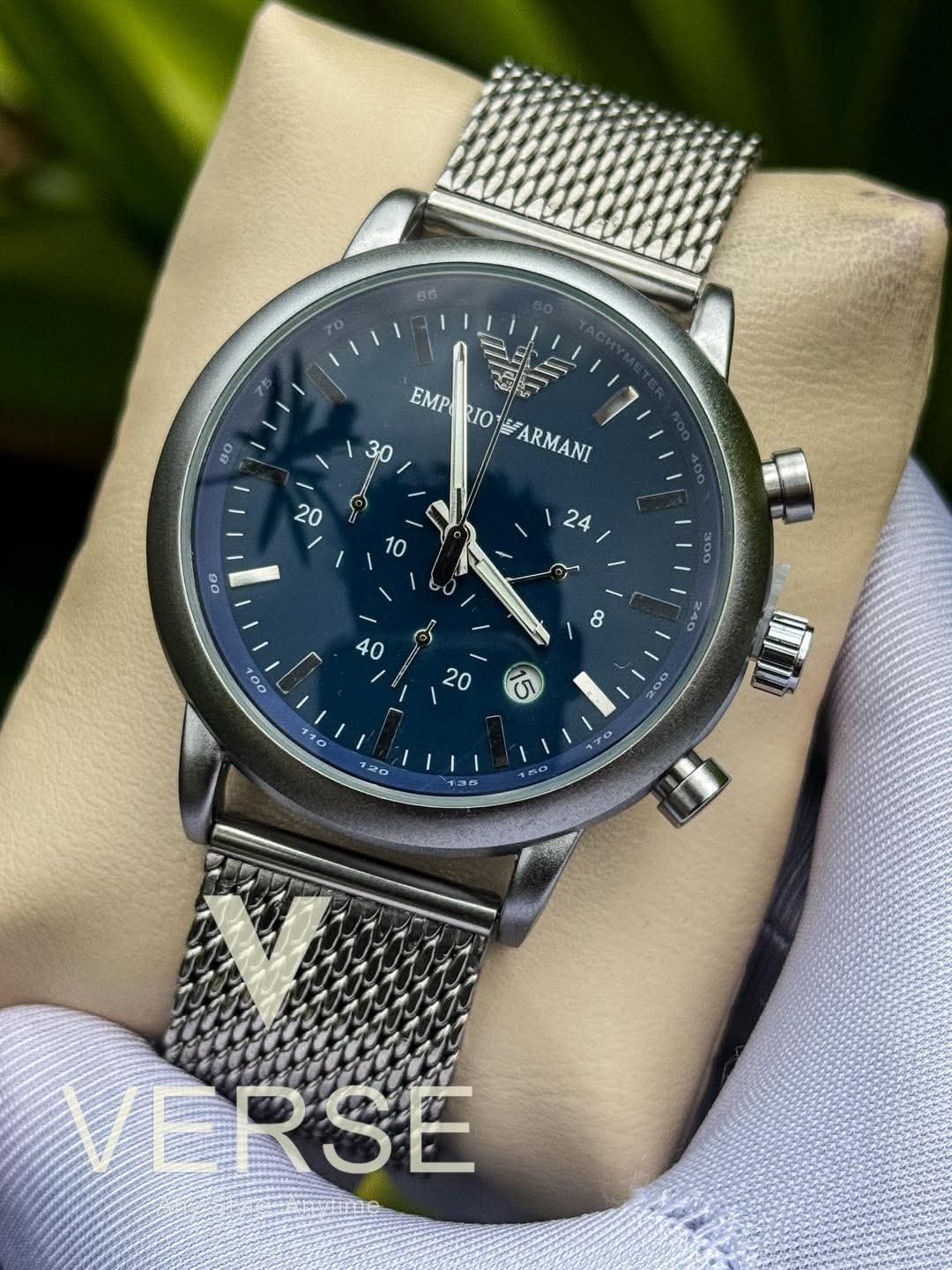 Armani Luigi Chronograph Mesh Chain Matte Blue Dial AA