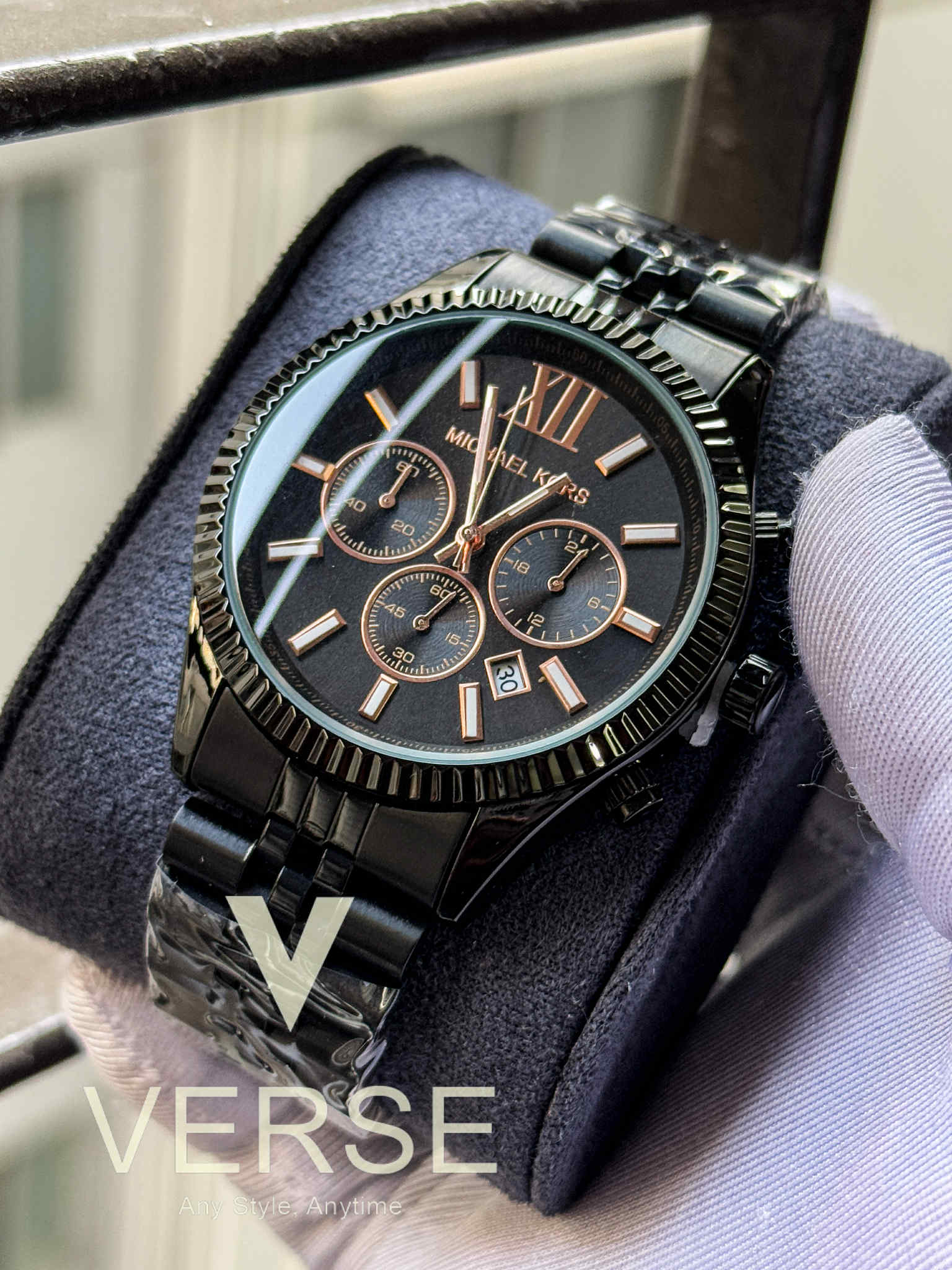 Michael Kors Lexington Chronograph Black Chain Rose Gold Digits AA