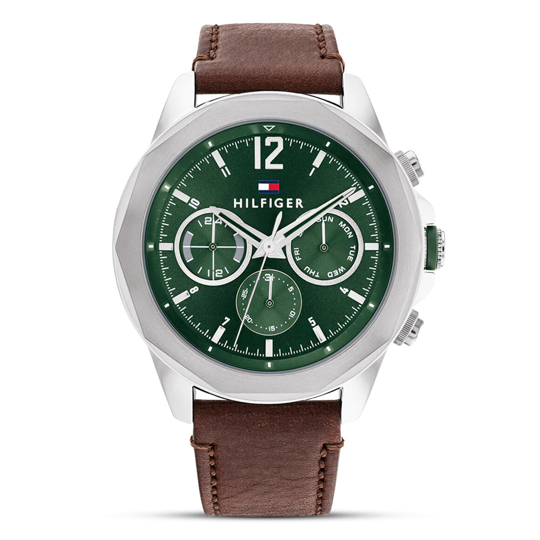 Tommy Hilfiger Lars 1792064 Men’s 46 mm Quartz Multifunction – Green Dial & Brown Leather Strap