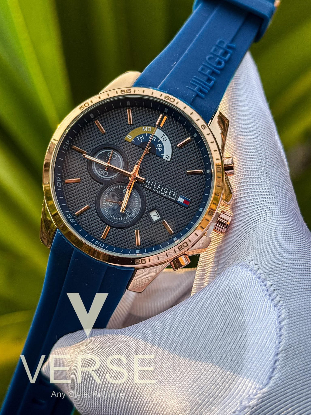 Tommy Hilfiger Decker Chronograph Blue Belt Rose Gold Case AA