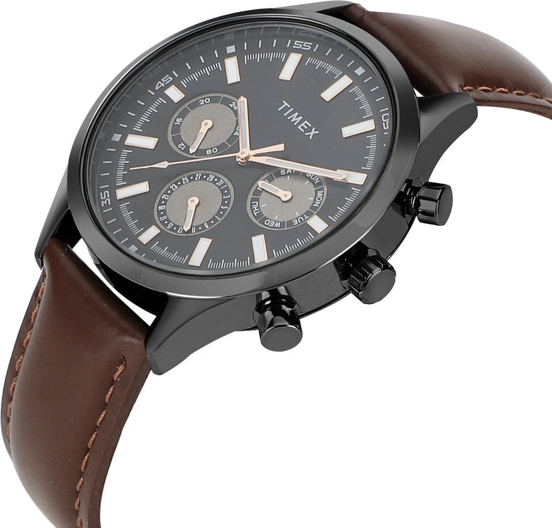 Timex TWHG03SMU19 Men’s Multifunction Watch – Brown Leather Strap, Black Dial| Timex TWHG03SMU19