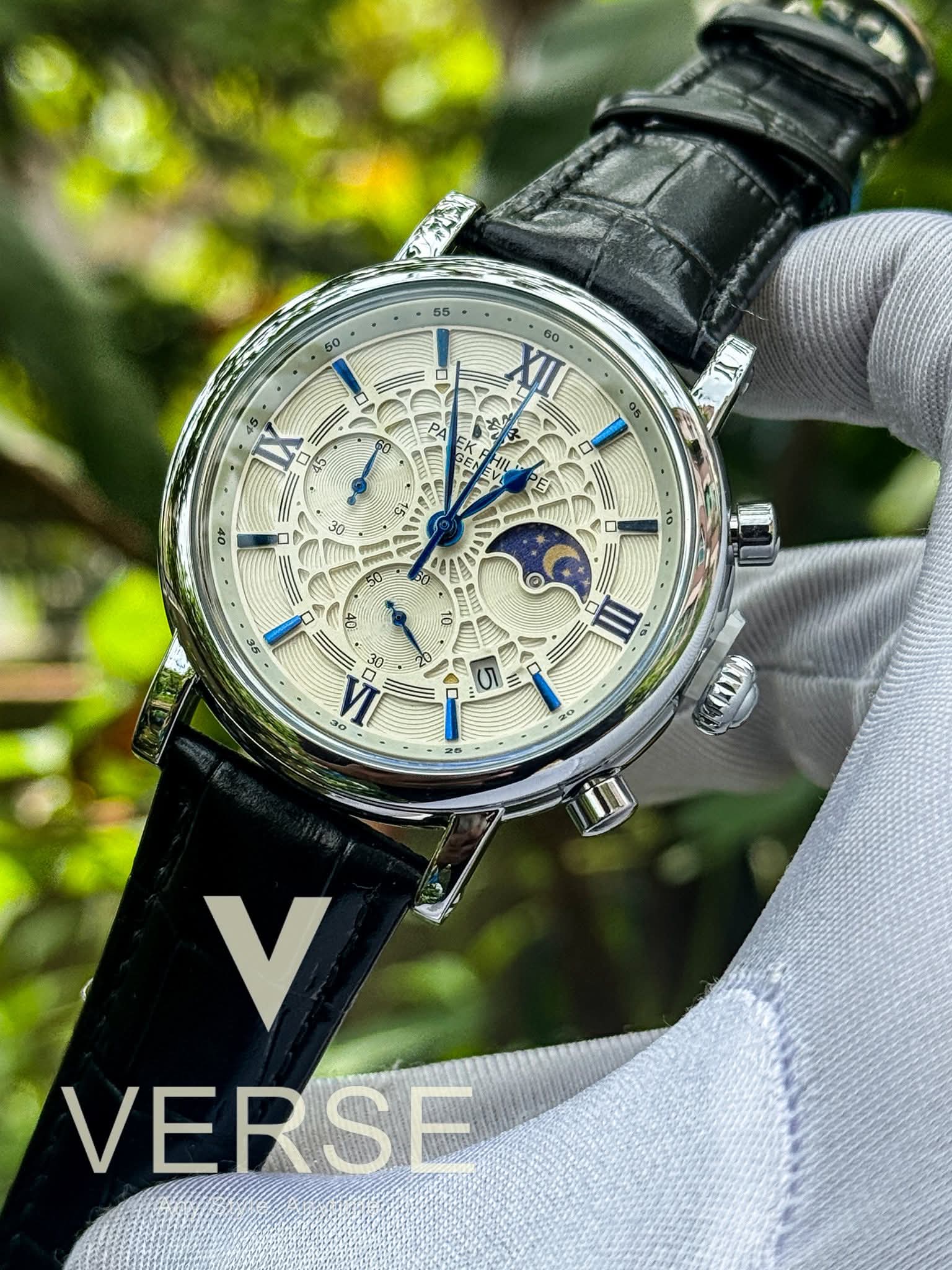 Patek Philippe Chronograph Moonphase Black Belt Spider White Dial Blue Digits AA