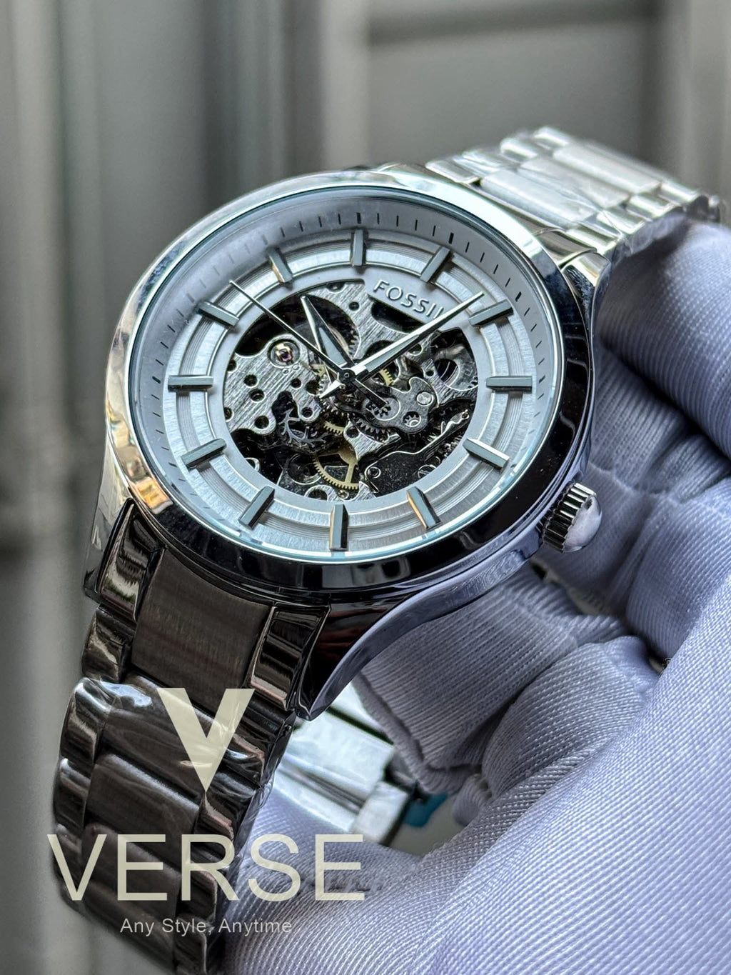 Fossil Automatic Silver Chain White Skeleton Dial AA