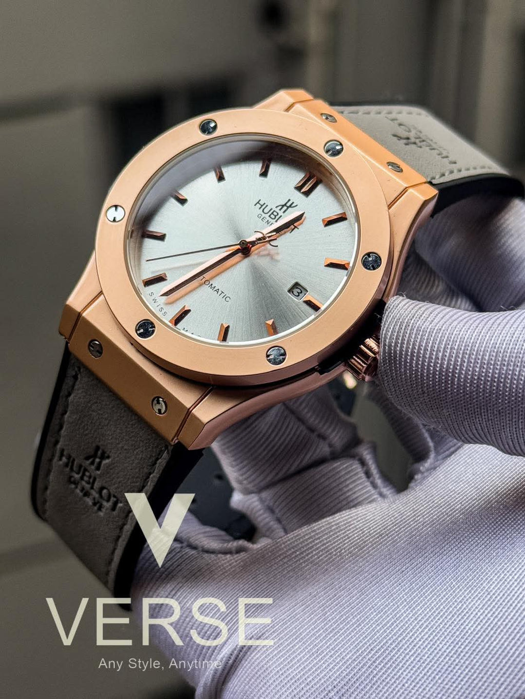 Hublot Classic Fusion Automatic Grey Belt Rose Gold Case AA