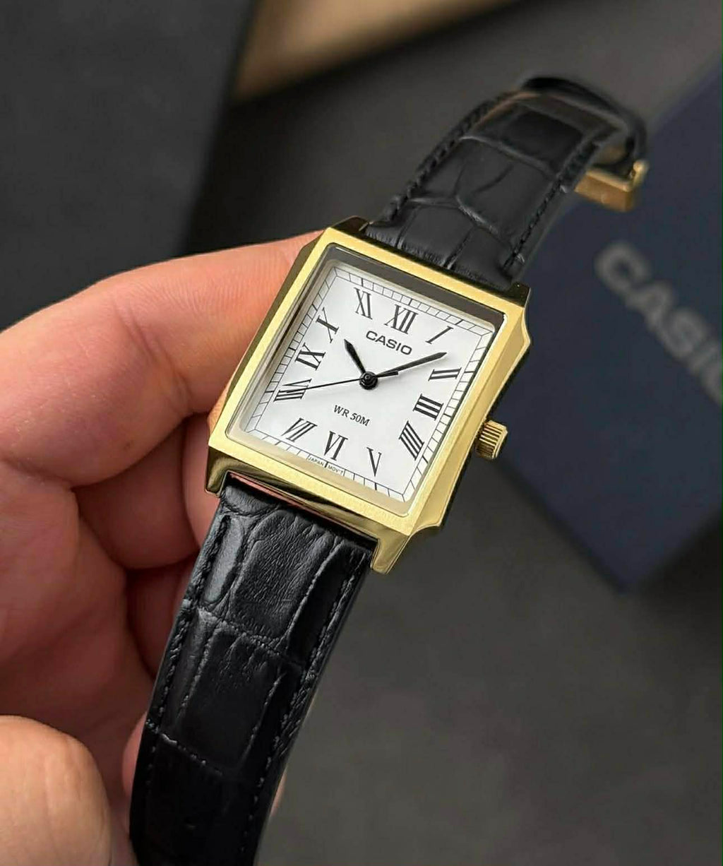 Casio MTP-B190GL-7BVDF Gold Tone White Dial Black Leather Men’s Tank Watch | Casio MTP-B190GL-7BVDF