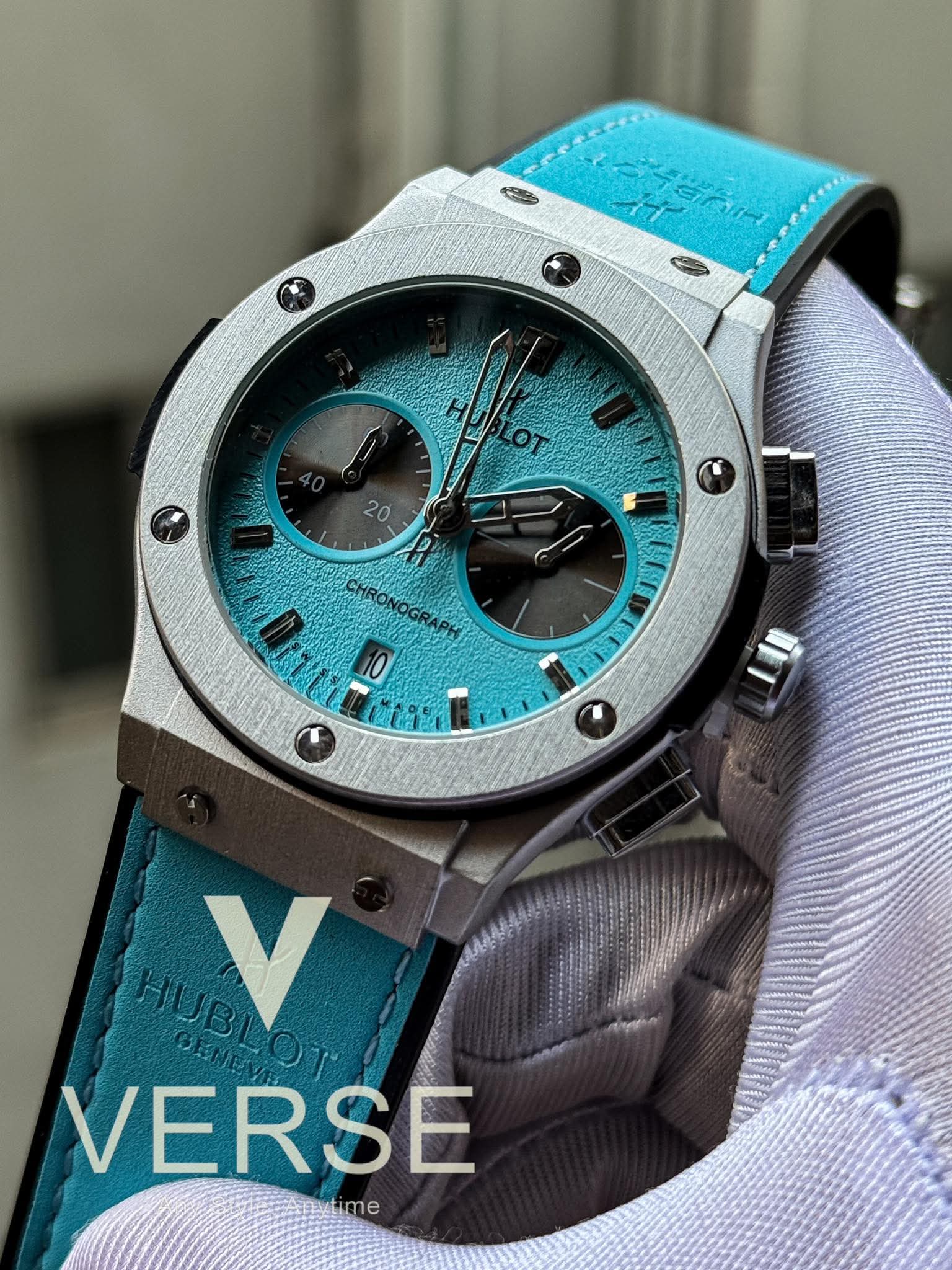 Hublot Classic Fusion Chronograph Tiffany Belt Silver Case AA