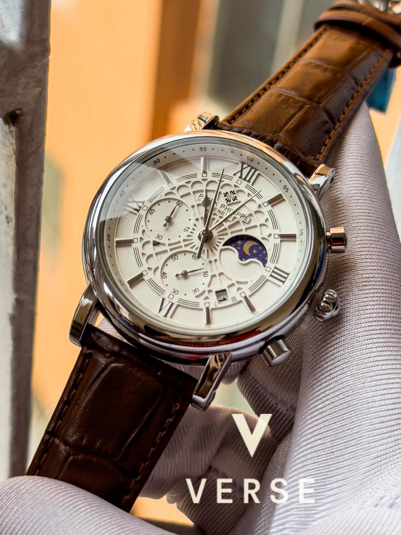 Patek Philippe Chronograph Moonphase Brown Belt Spider White Dial AA