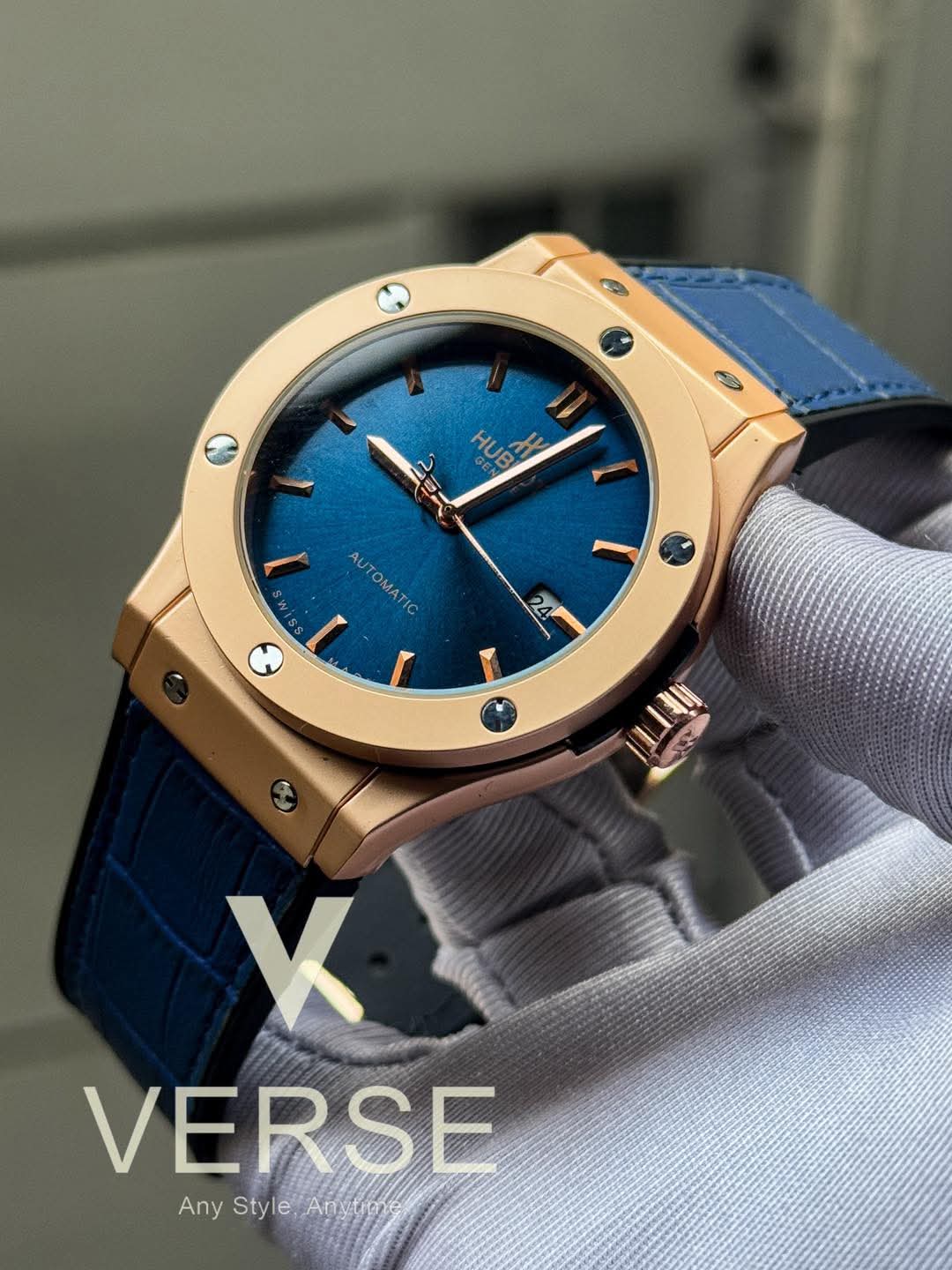 Hublot Classic Fusion Automatic Blue Belt Rose Gold Case AA
