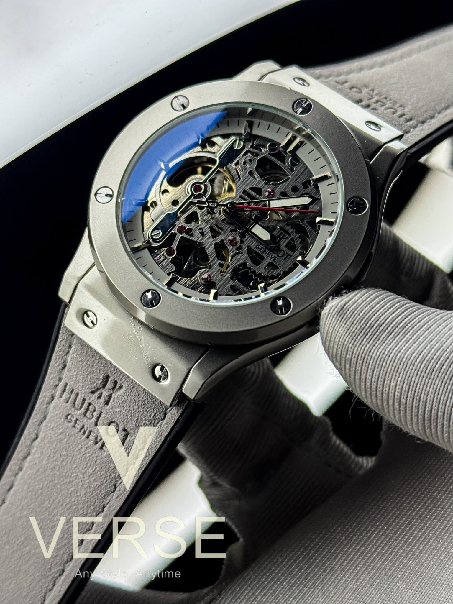 Hublot Automatic Grey Belt Silver Case Openworked White Dial AA