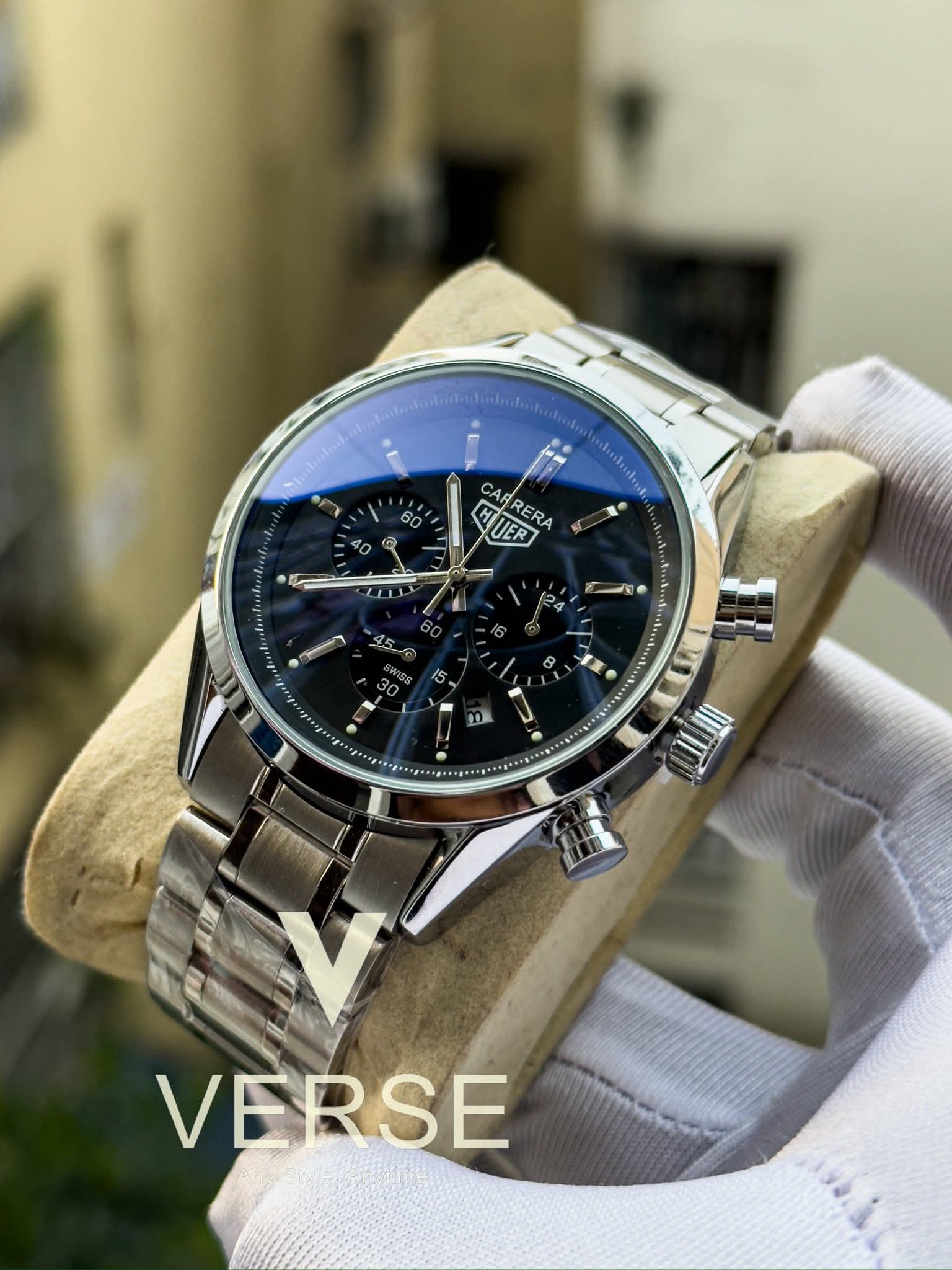 TAG Heuer Carrera Chronograph Silver Chain Black Dial AA