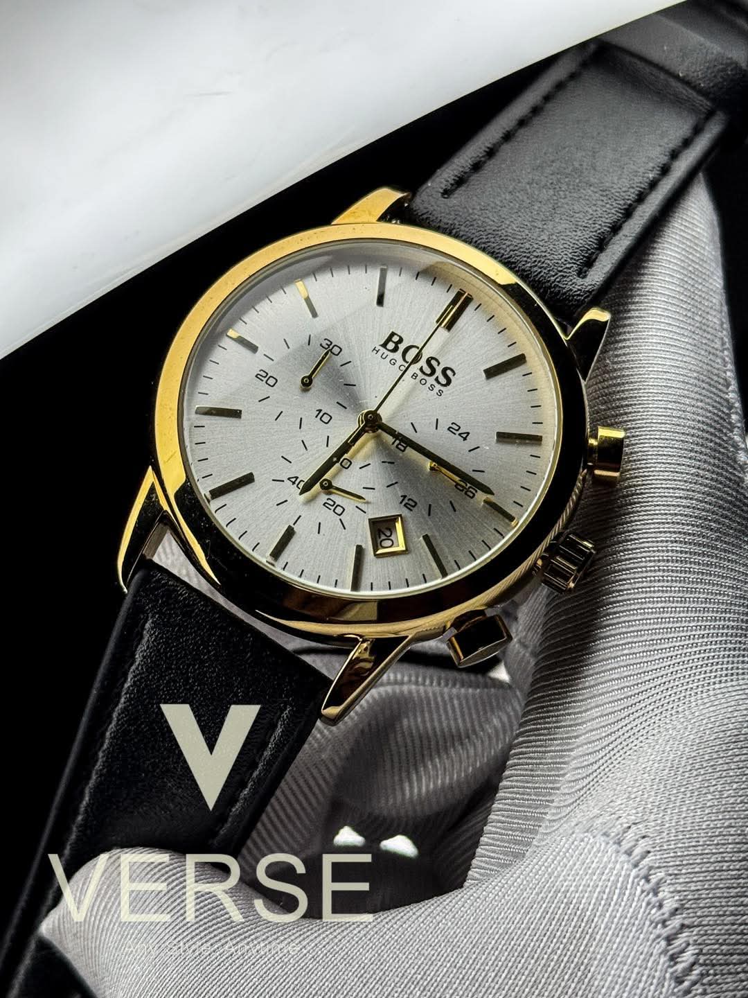 Hugo Boss Trace Chronograph Black Belt Gold Case White Dial AA