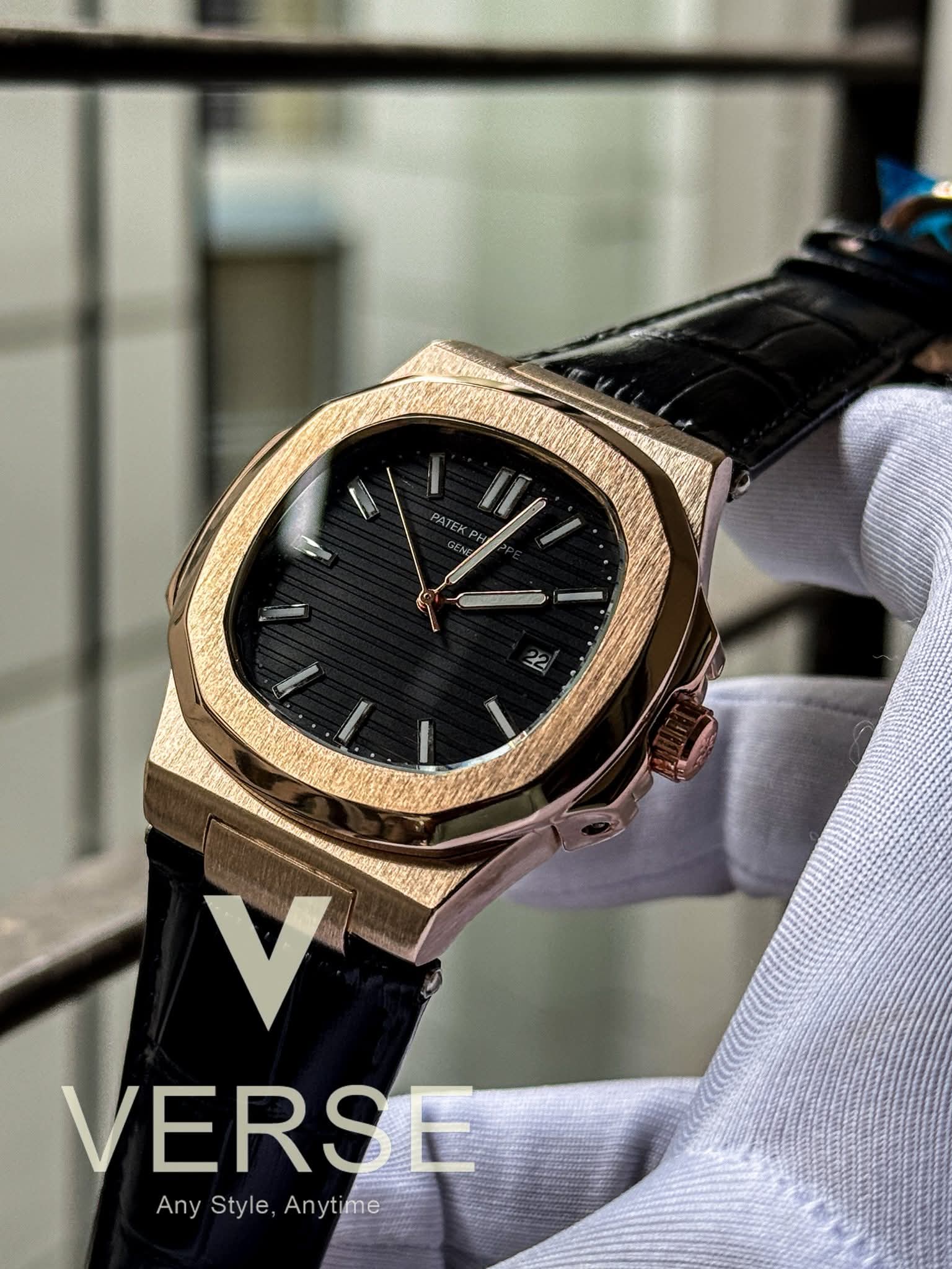Patek Philippe Nautilus Black Belt Rose Gold Case Black Dial Quartz AA