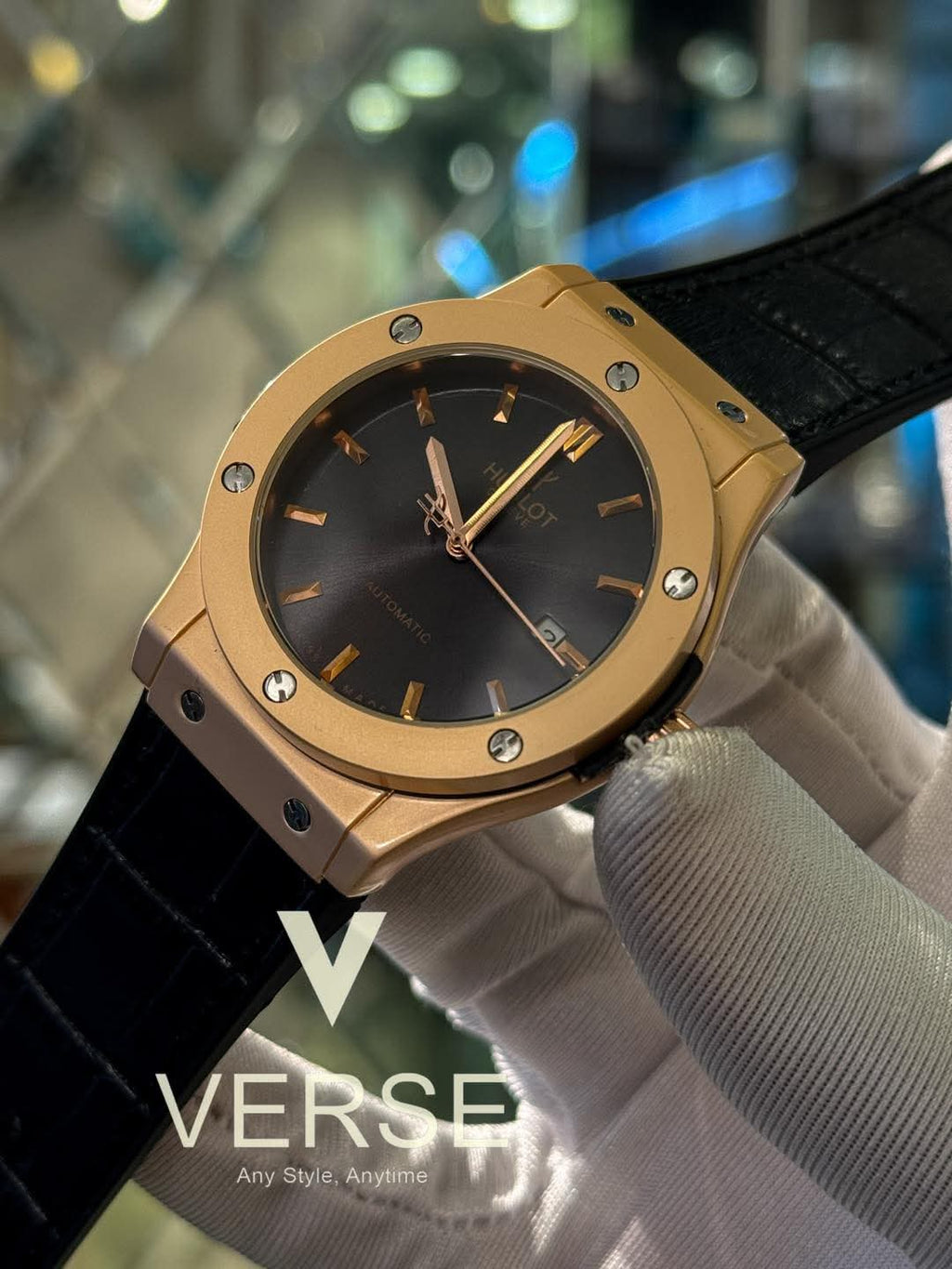 Hublot Classic Fusion Automatic Black Belt Rose Gold Case AA