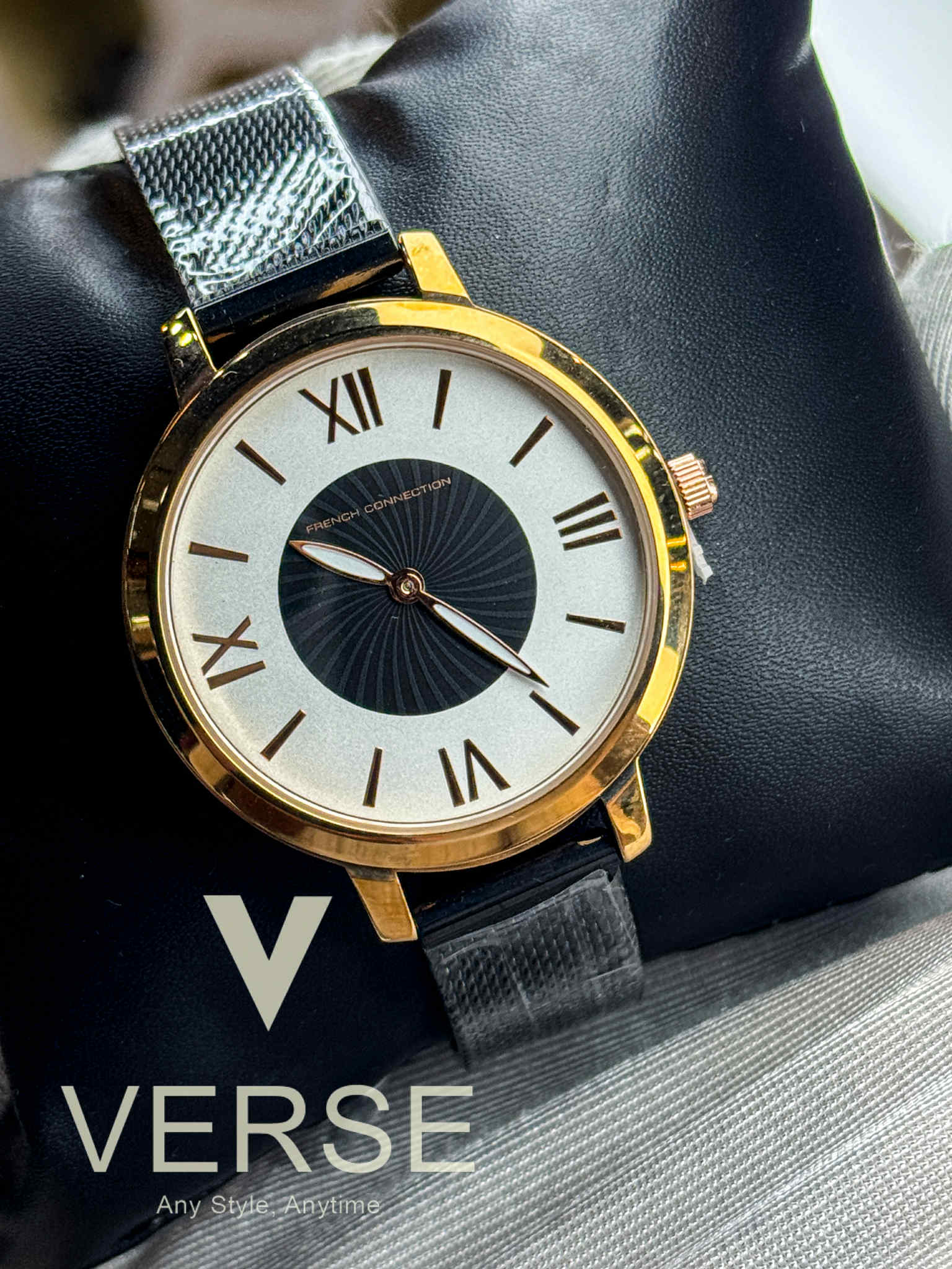 French Connection FCN00027D Women’s White & Black Dial Watch with Black Mesh Strap| French Connection FCN00027D