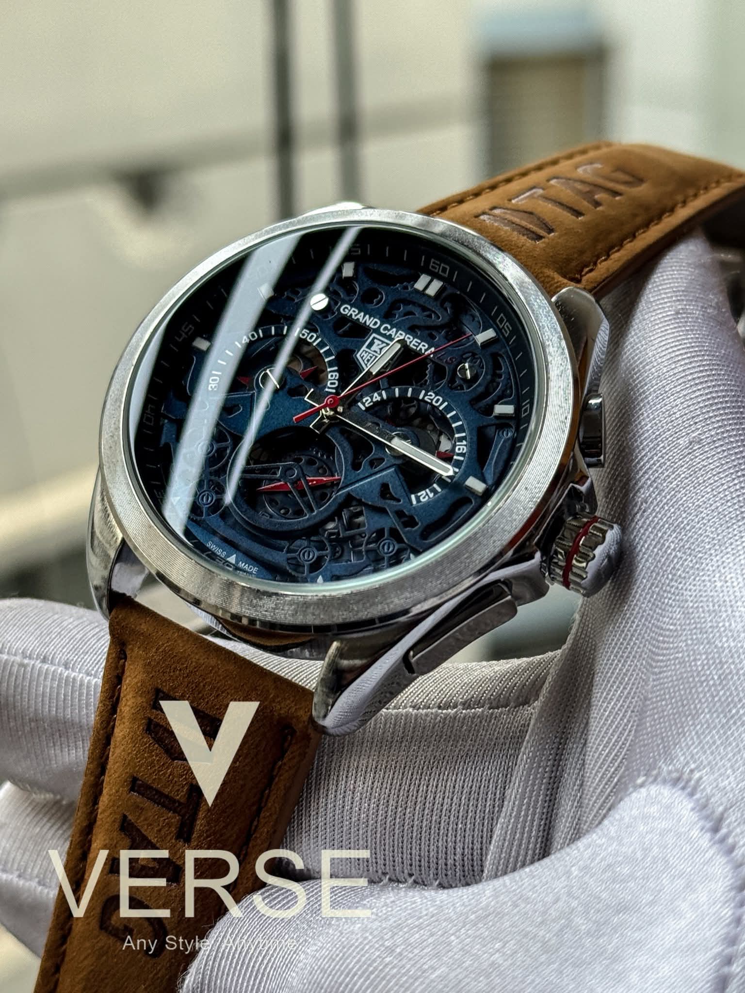 TAG Heuer Grand Carrera RS Chronograph Tan/Rich Camel Brown Belt Blue Dial AA