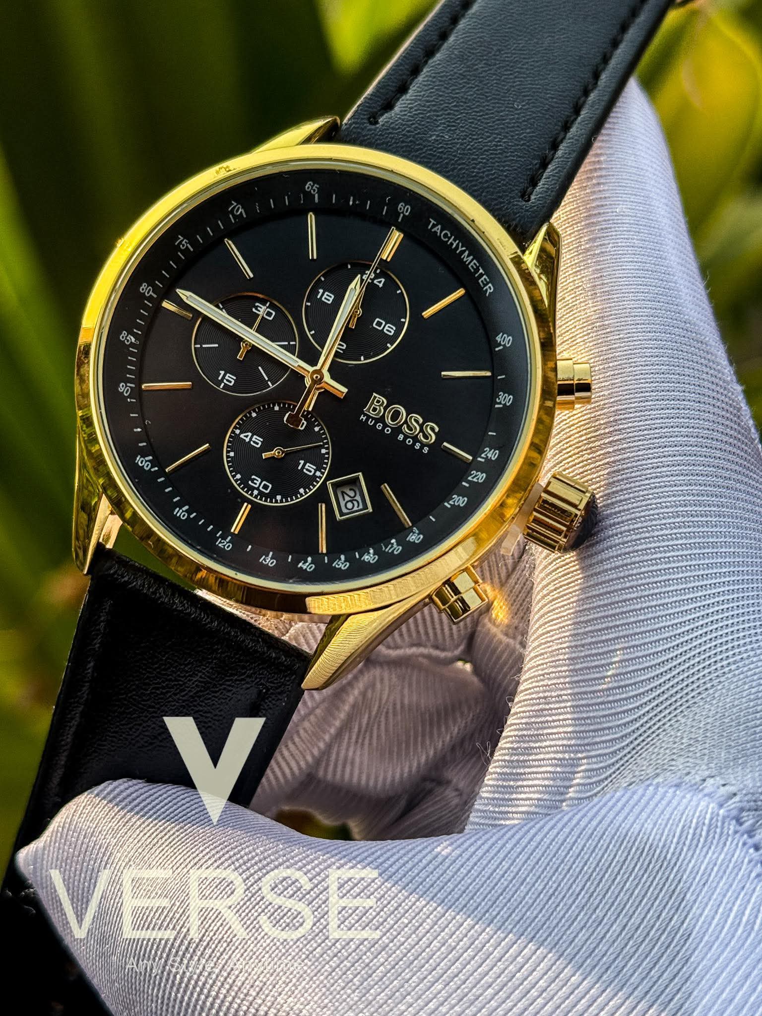 Hugo Boss Grand Prix Chronograph Black Belt Gold Case AA