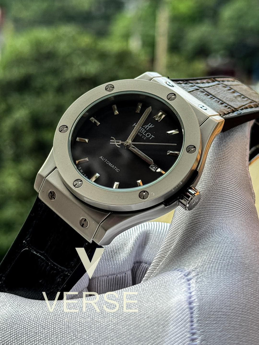 Hublot Classic Fusion Automatic Black Belt Silver Case AA