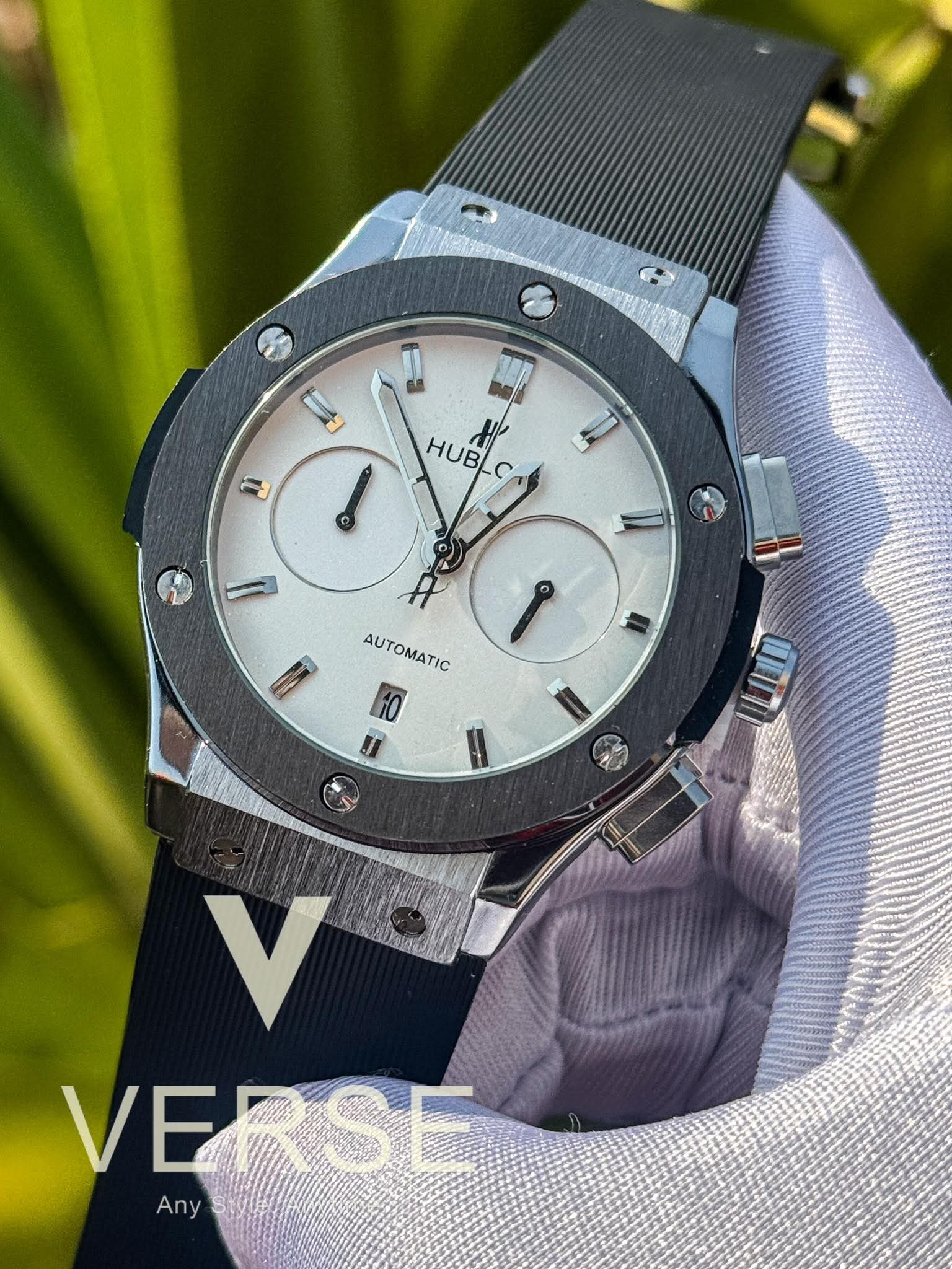 Hublot Classic Fusion Chronograph Silicone Black Belt Silver-Black Case AA