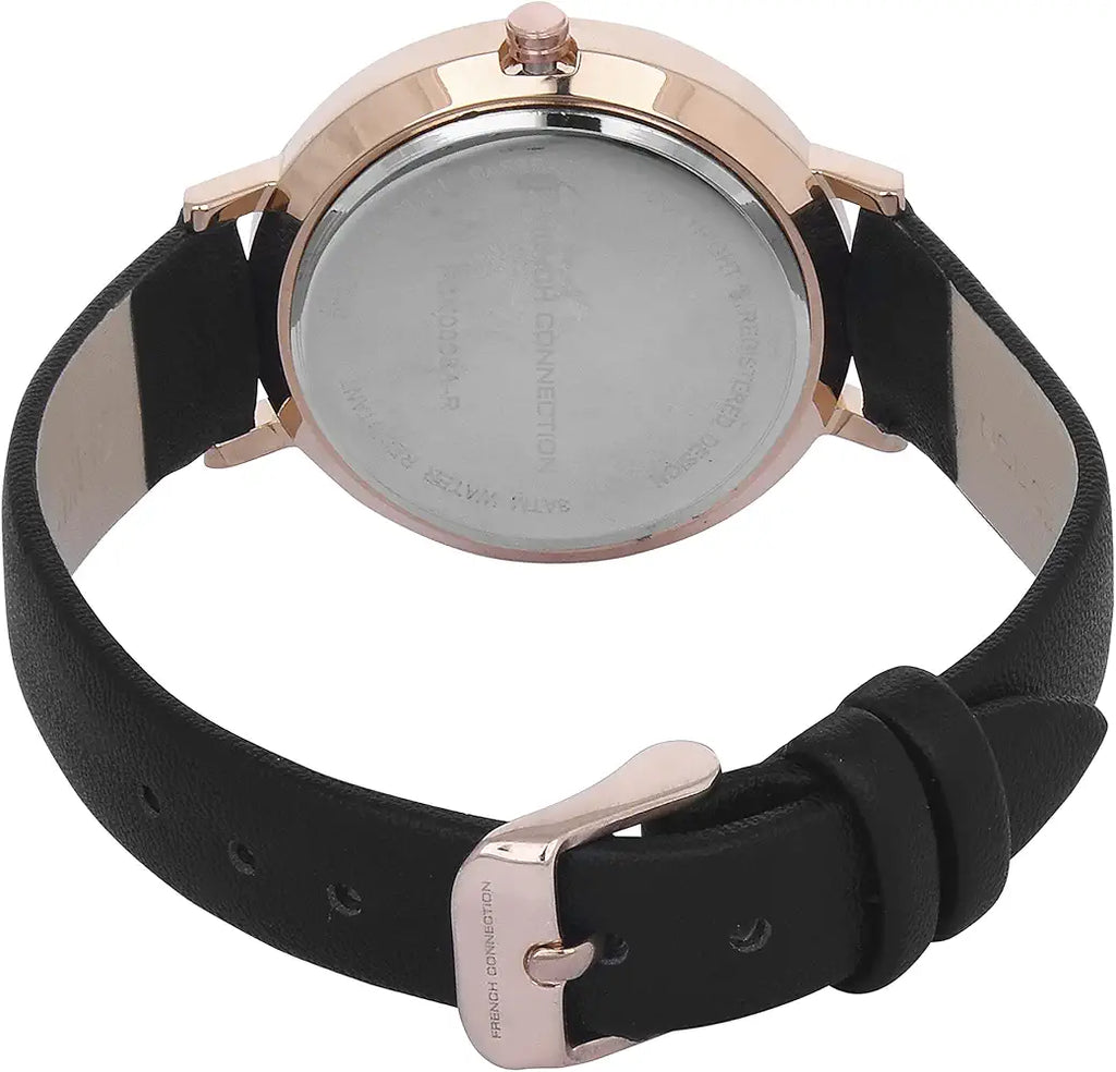 French Connection FCN0008A-R Women’s Black Glitter Dial Watch with Black Leather Strap| French Connection FCN0008A-R