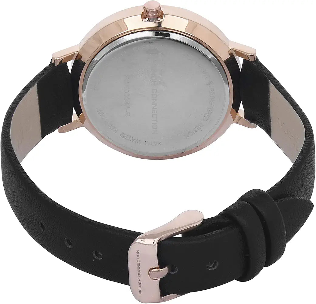 French Connection FCN0008A-R Women’s Black Glitter Dial Watch with Black Leather Strap| French Connection FCN0008A-R