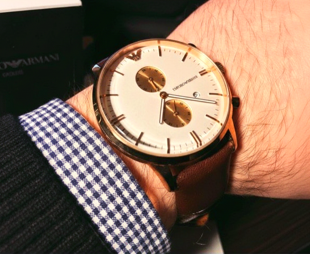 Emporio Armani Gianni AR0398 Men's 43mm Rose-Gold Chronograph White Dial Brown Leather| Emporio Armani Gianni AR0398