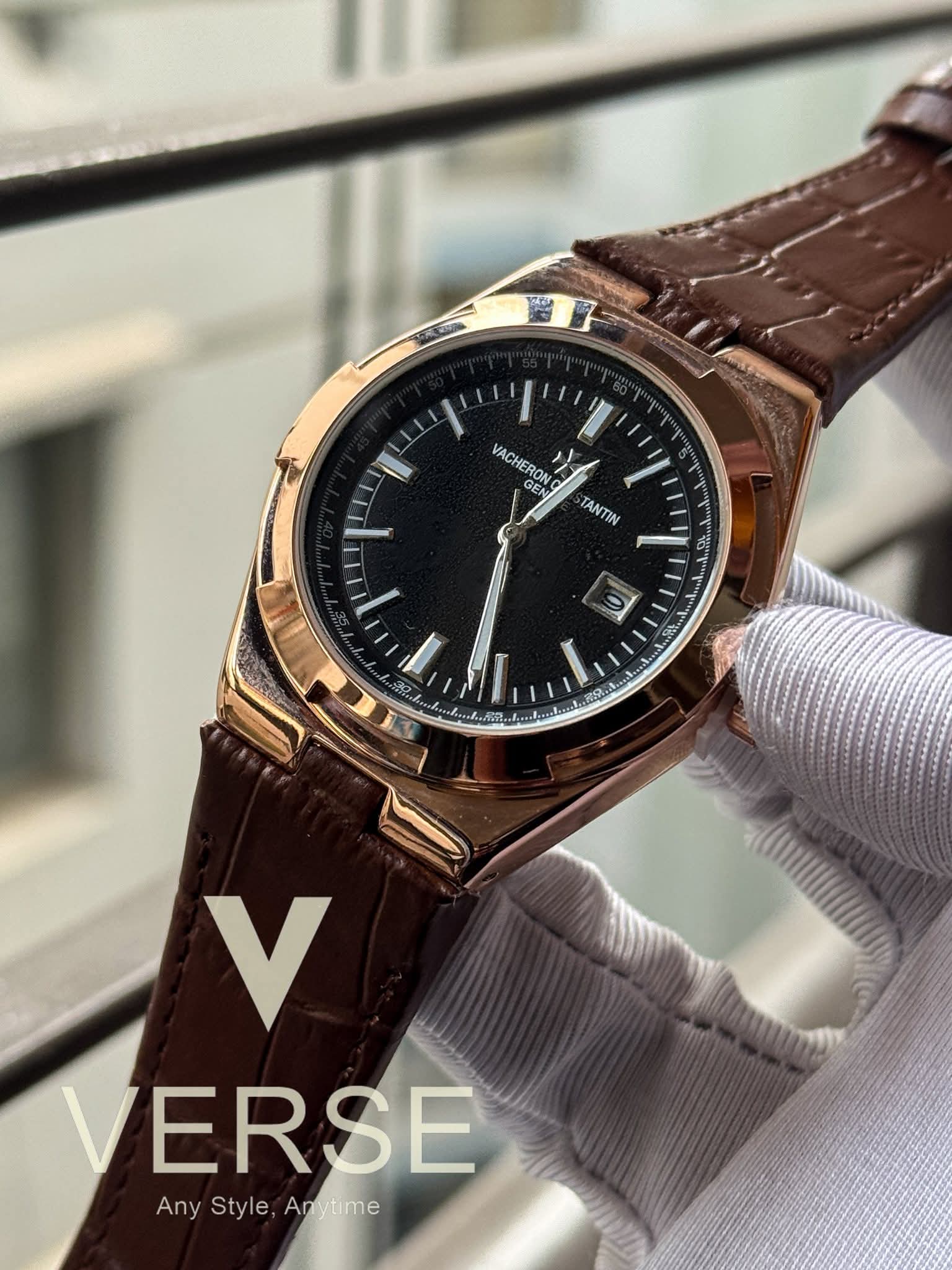 Vacheron Constantin Overseas Quartz Brown Belt Black Dial Rose Gold Case AA