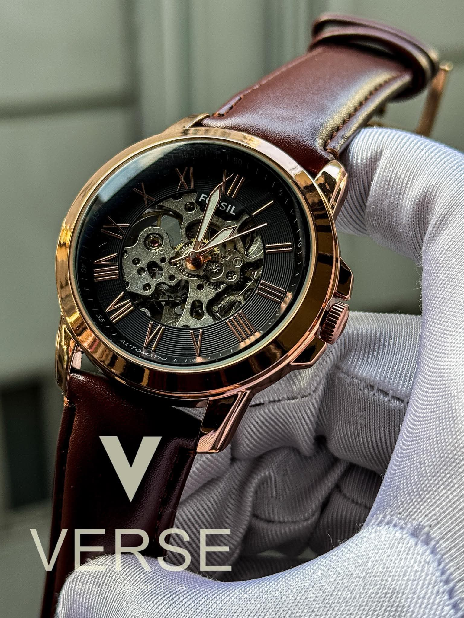 Fossil Automatic Maroon Belt Rose Gold AA